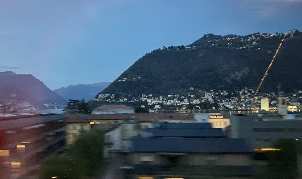 Como at night, showing the funicular